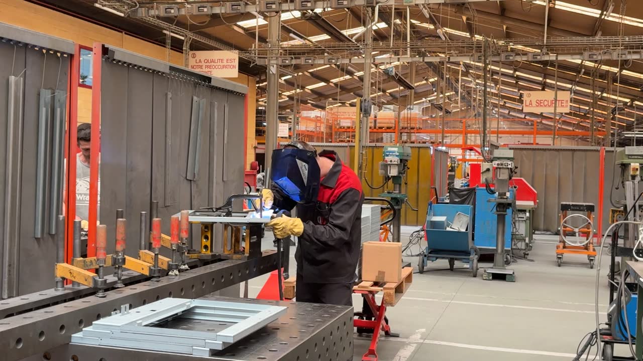 Soudeur qualifié Duflot soudant un ensemble mécano-soudé sur table modulaire de bridage à Holnon (Aisne, Hauts-de-France)